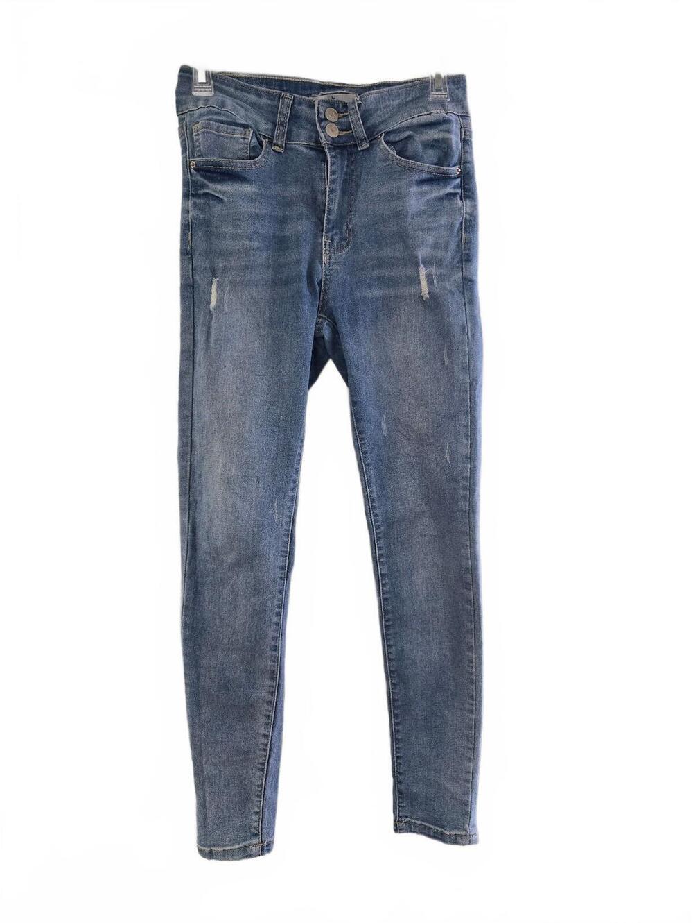 Blue High-Waisted Skinny Jeans with Double Button Closure